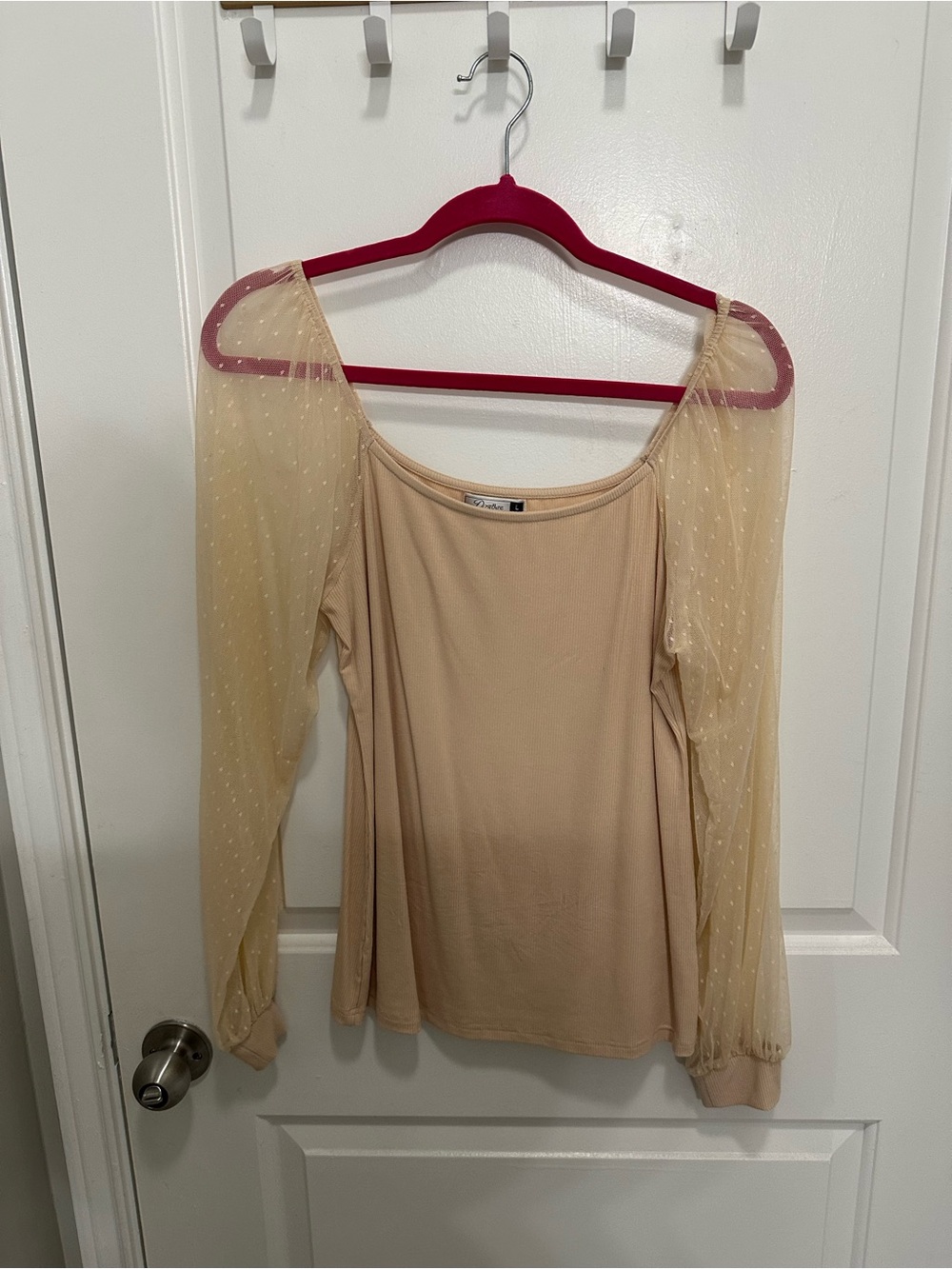 Sheer Sleeve Scoop Neck Women's Top in Beige